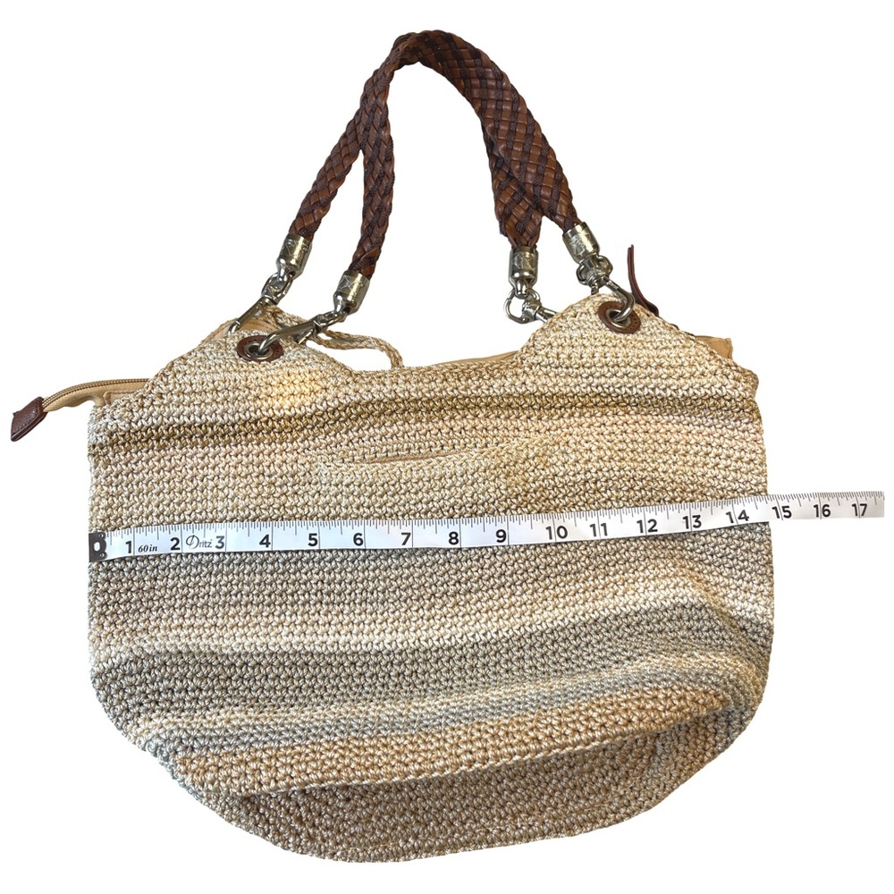 The Sak Crochet Neutral Stripes Coastal Bag with Faux Leather Braided Handles - Picture 3 of 10